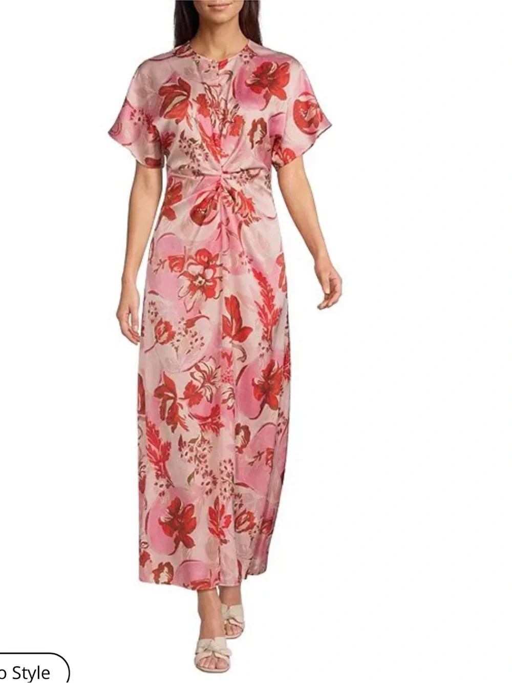 NWT Antonio Melani Gabriella Satin Floral Print Ruched Crew Neck  A-Line Dress